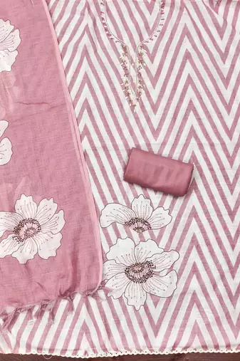 peach floral print linen cotton unstitched dress material 