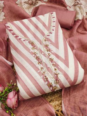 peach floral print linen cotton unstitched dress material  3