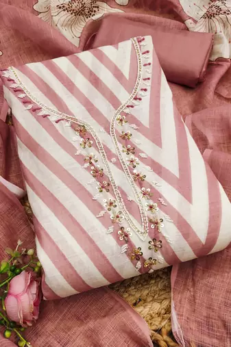 peach floral print linen cotton unstitched dress material 
