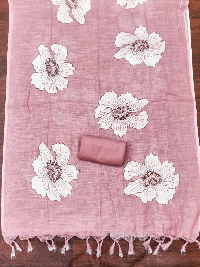 peach floral print linen cotton unstitched dress material 