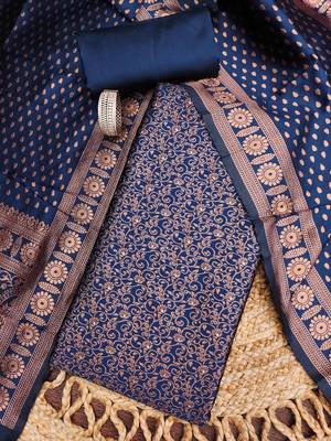 navy blue weaved jacquard silk unstitched dress material  1