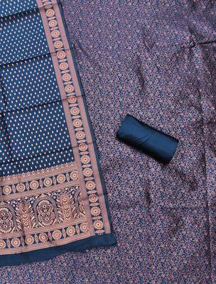 navy blue weaved jacquard silk unstitched dress material  2