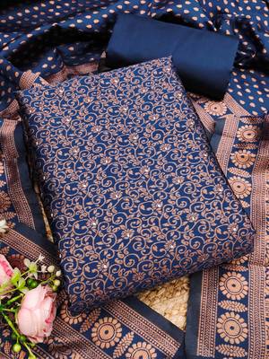navy blue weaved jacquard silk unstitched dress material  3