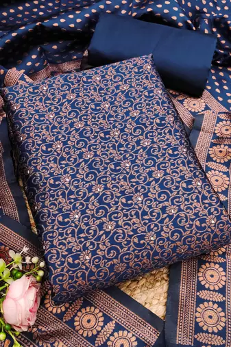 navy blue weaved jacquard silk unstitched dress material 