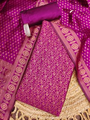 magenta weaved jacquard silk unstitched dress material  1