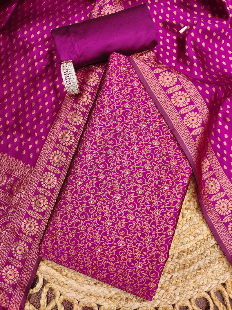 magenta weaved jacquard silk unstitched dress material 