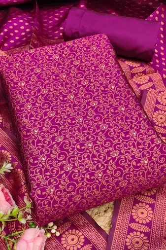 magenta weaved jacquard silk unstitched dress material 