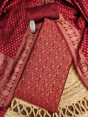 red weaved jacquard silk unstitched dress material  1