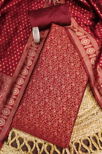 red weaved jacquard silk unstitched dress material 
