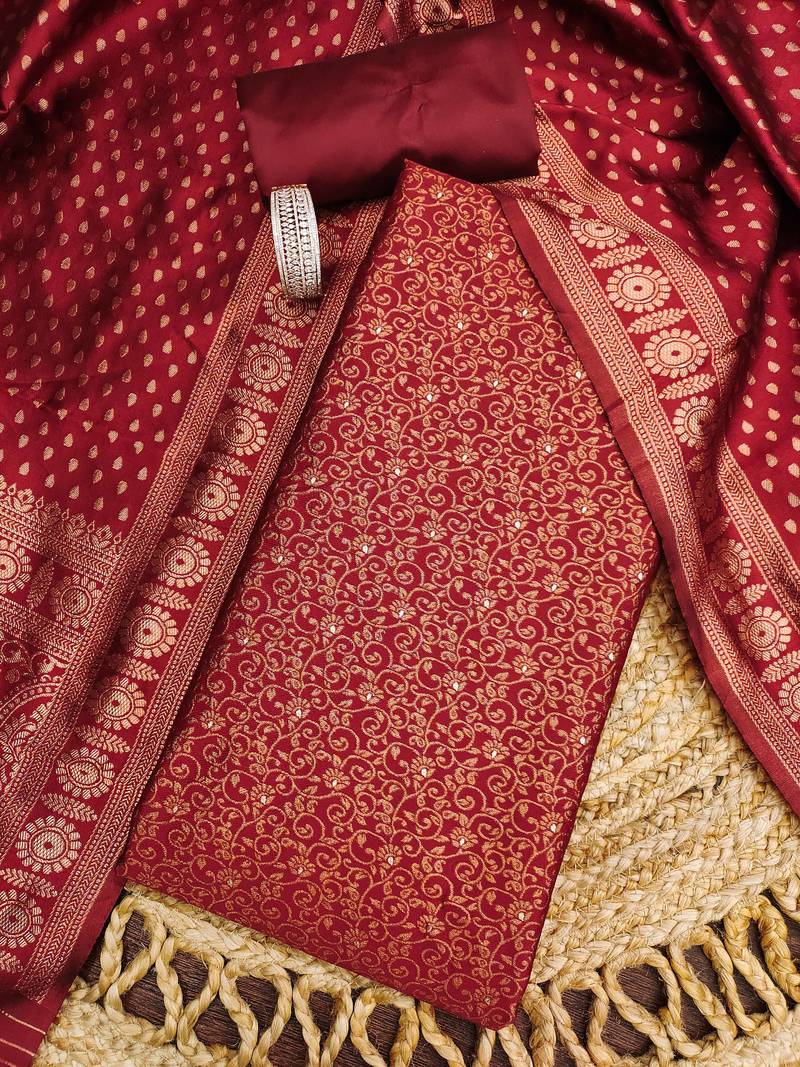 red weaved jacquard silk unstitched dress material 