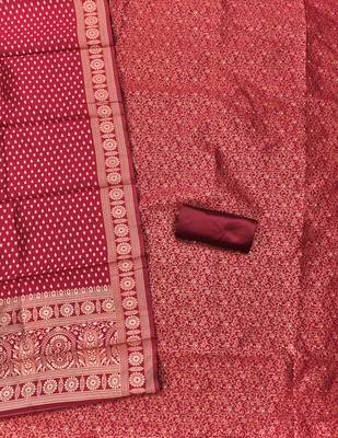 red weaved jacquard silk unstitched dress material  2