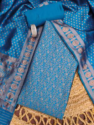 teal weaved jacquard silk unstitched dress material  1