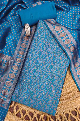 teal weaved jacquard silk unstitched dress material 