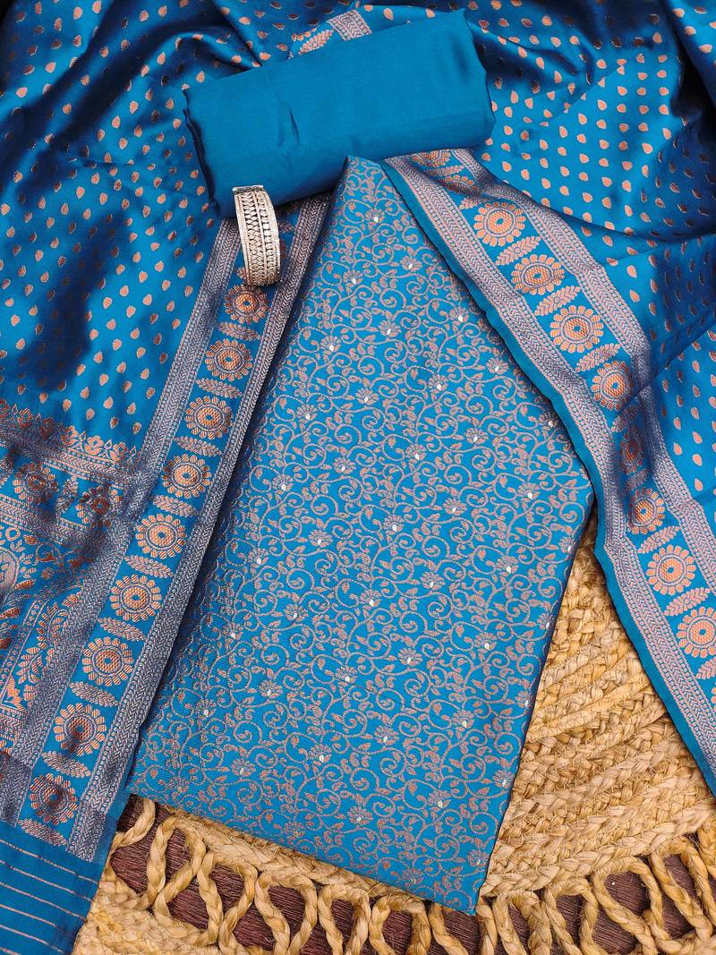 teal weaved jacquard silk unstitched dress material 