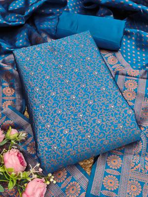 teal weaved jacquard silk unstitched dress material  3