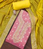 pink weaved shimmer silk unstitched dress material 
