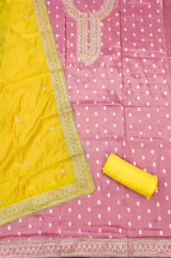 pink weaved shimmer silk unstitched dress material 