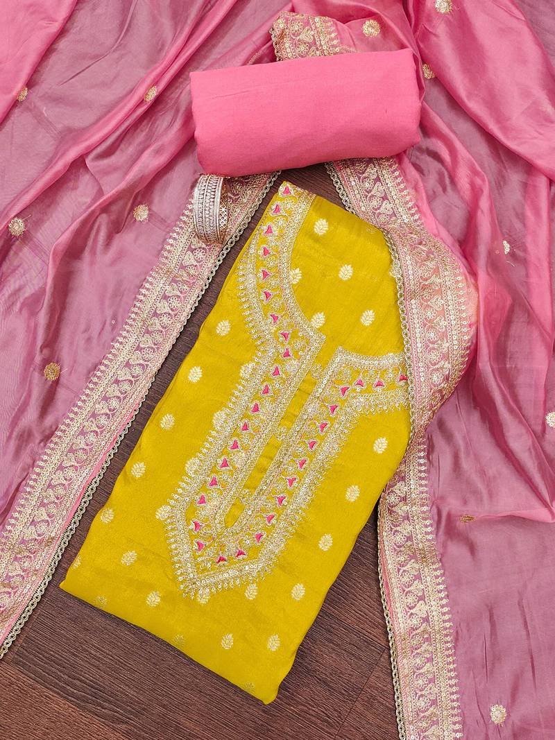 yellow  weaved shimmer silk unstitched dress material 