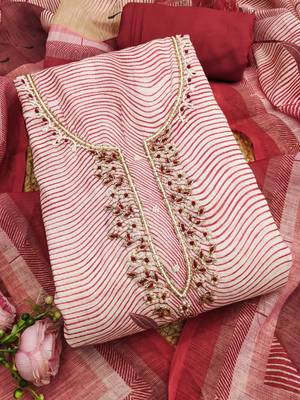cherry red weaved linen cotton unstitched dress material  1