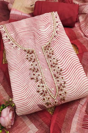 cherry red weaved linen cotton unstitched dress material 