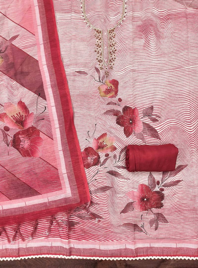 cherry red weaved linen cotton unstitched dress material 