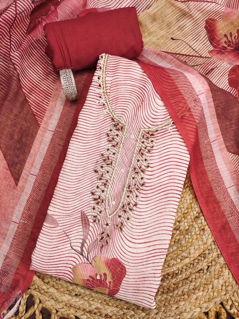 cherry red weaved linen cotton unstitched dress material 
