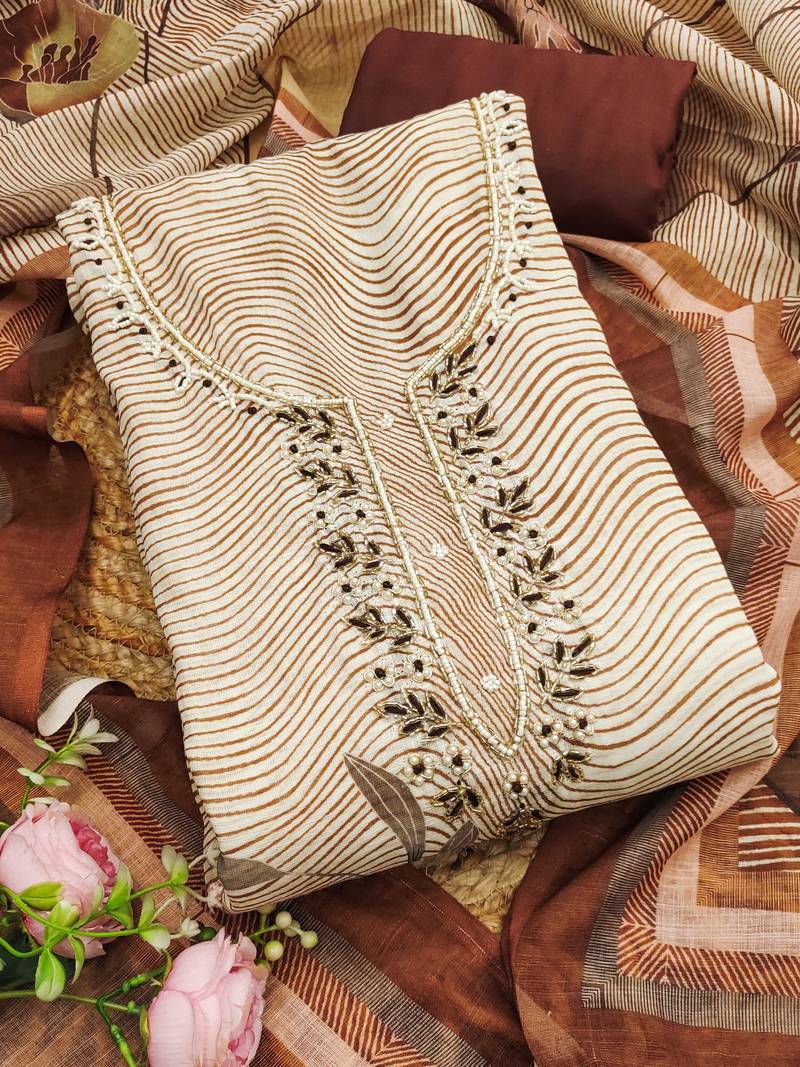 coffee brown weaved linen cotton unstitched dress material 