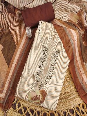 coffee brown weaved linen cotton unstitched dress material  3