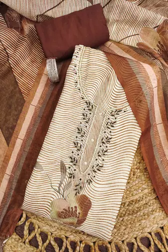 coffee brown weaved linen cotton unstitched dress material 