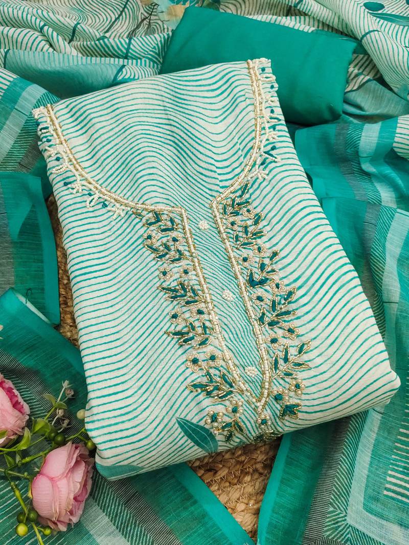 sea green weaved linen cotton unstitched dress material 