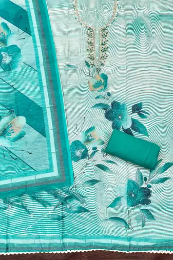 sea green weaved linen cotton unstitched dress material 