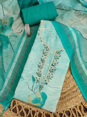sea green weaved linen cotton unstitched dress material  3