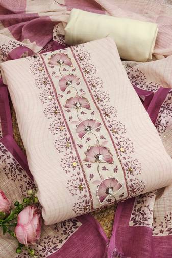 rose pink floral print linen cotton unstitched dress material 
