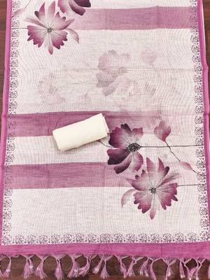 rose pink floral print linen cotton unstitched dress material  4