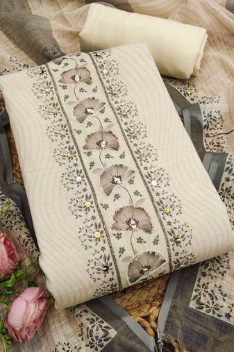 grey floral print linen cotton unstitched dress material 