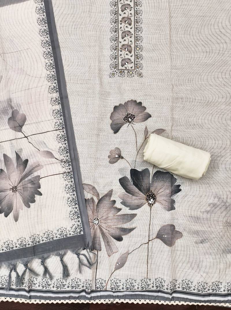 grey floral print linen cotton unstitched dress material 