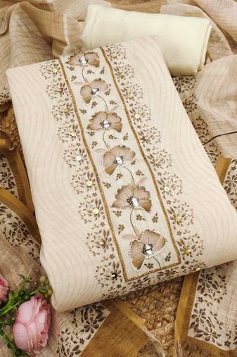 beige floral print linen cotton unstitched dress material 