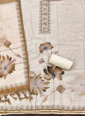 beige floral print linen cotton unstitched dress material  2