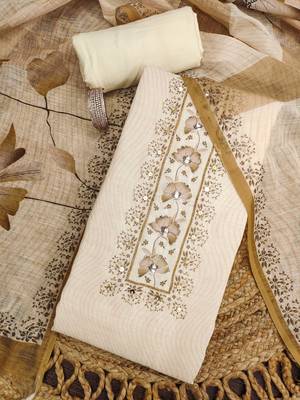 beige floral print linen cotton unstitched dress material  3