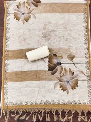 beige floral print linen cotton unstitched dress material  4