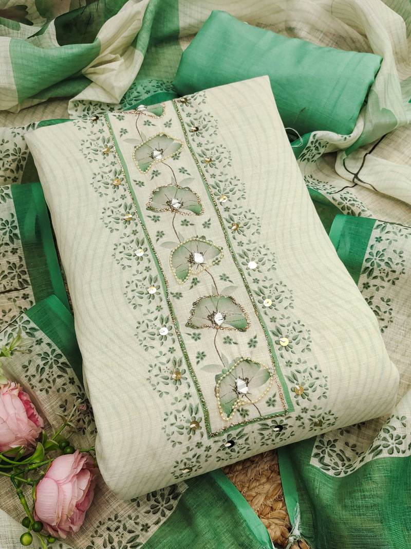 green floral print linen cotton unstitched dress material 