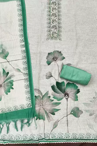 green floral print linen cotton unstitched dress material 