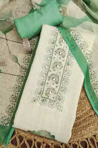 green floral print linen cotton unstitched dress material 