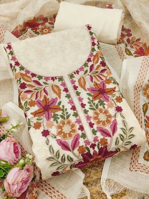 cream floral print linen cotton unstitched dress material  1