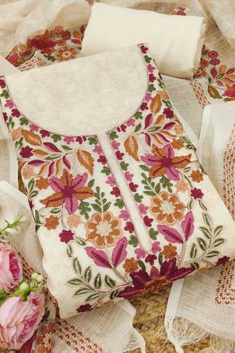 cream floral print linen cotton unstitched dress material 