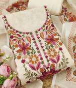 cream floral print linen cotton unstitched dress material 