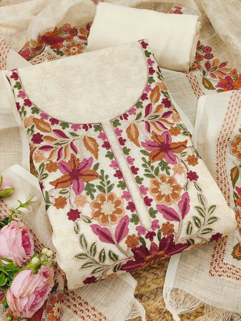cream floral print linen cotton unstitched dress material 