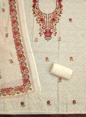 cream floral print linen cotton unstitched dress material  2