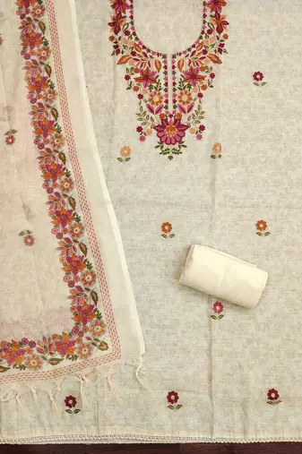 cream floral print linen cotton unstitched dress material 