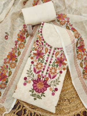 cream floral print linen cotton unstitched dress material  3